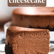 Chocolate cheesecake with text.
