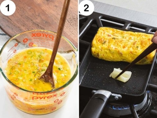 Steps to make gyeran mari with egg mixture cooked in an oiled omelet pan.