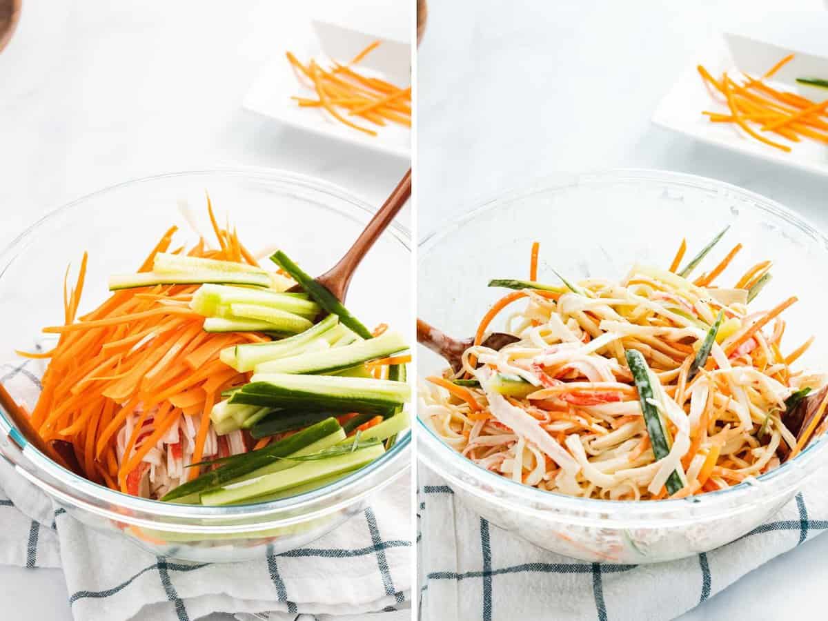 Shredded crab stick, julienned carrots, and cucumbers tossed in mayo dressing.