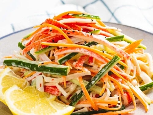 Kani salad made with crab stick, cucumber, and carrot tossed in a mayo dressing.