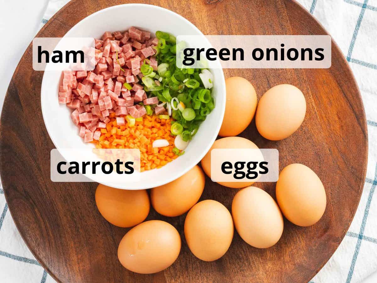 Ingredients for gyeran mari or Korean rolled egg omelet.