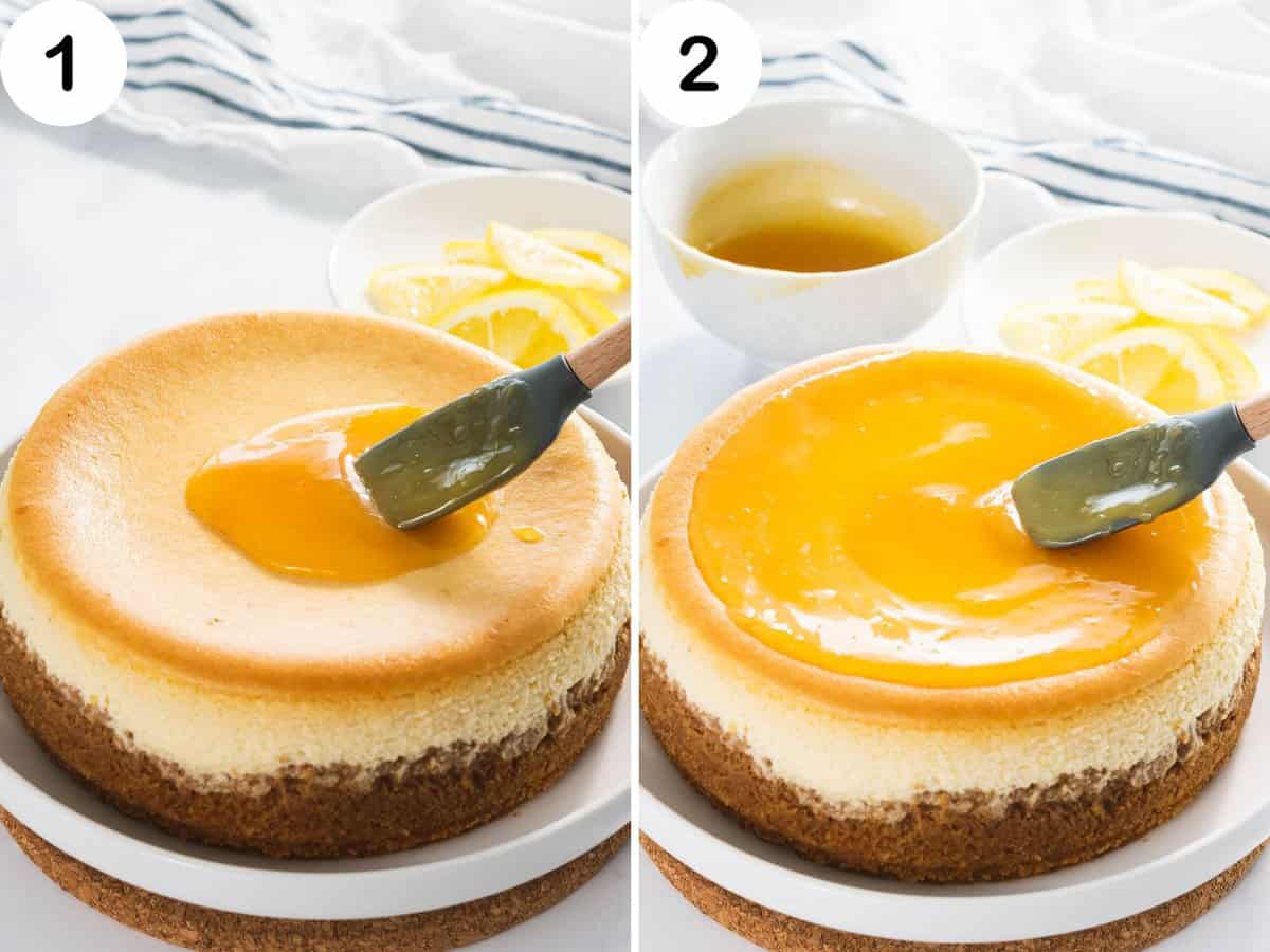 Lemon curd being spread on top of cheesecake.