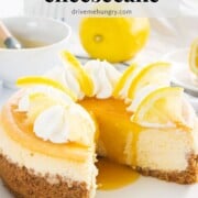 Lemon cheesecake with lemon sauce and whipped cream.