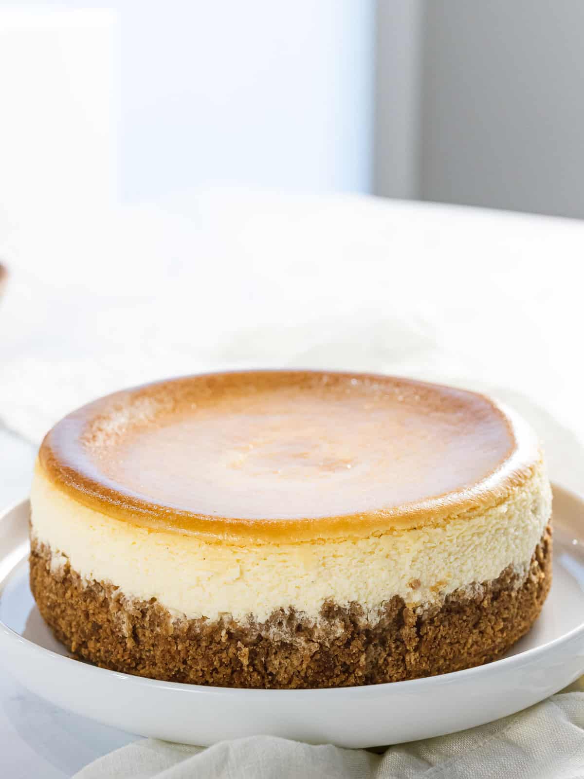 Classic New York-style cheesecake with no cracks.