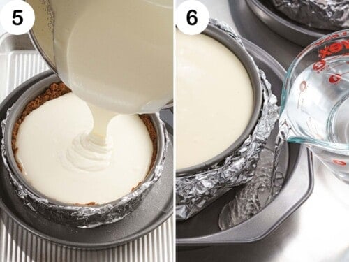 Classic cheesecake batter poured into a springform pan in a water bath.