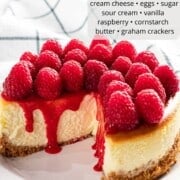 Raspberry cheesecake with list of ingredients.