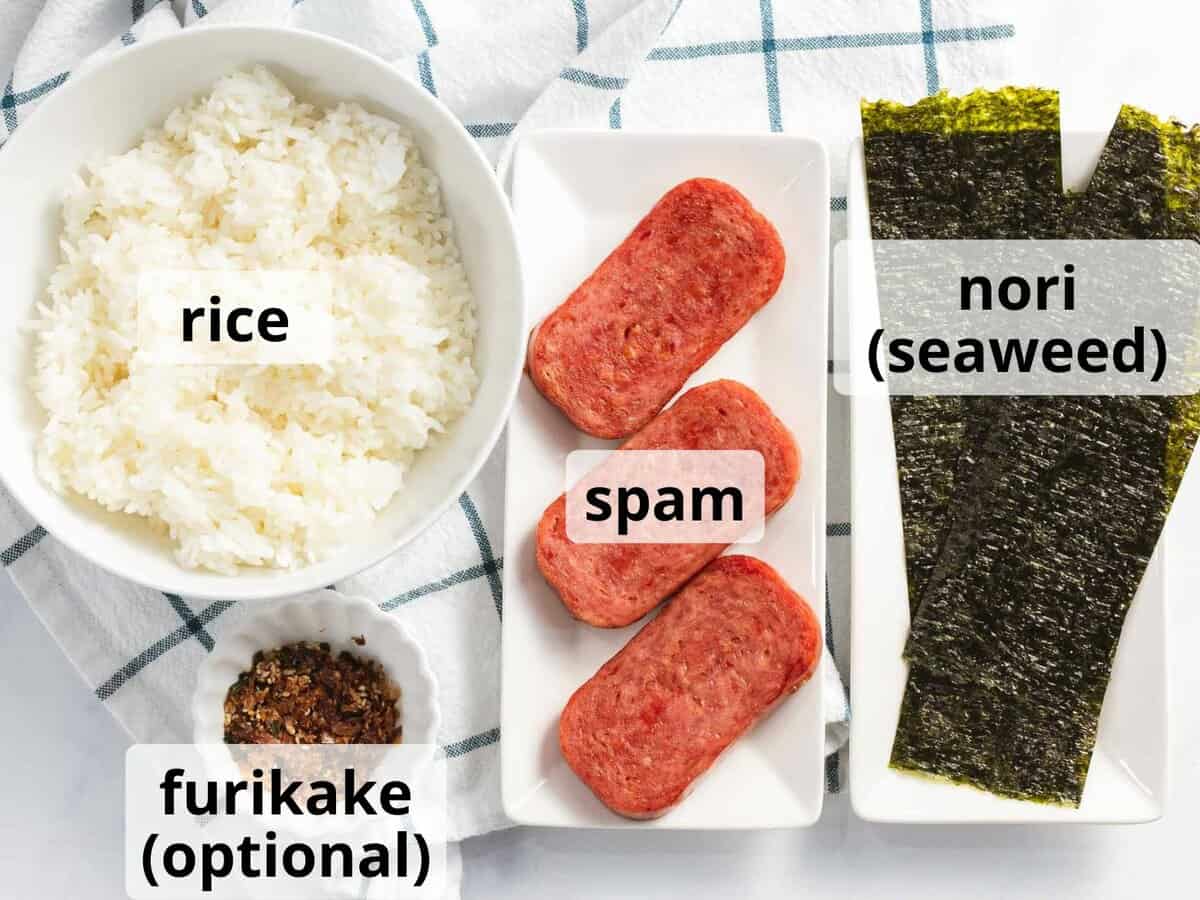 Ingredients for spam musubi with text.