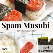 Spam musubi with ingredients with text.