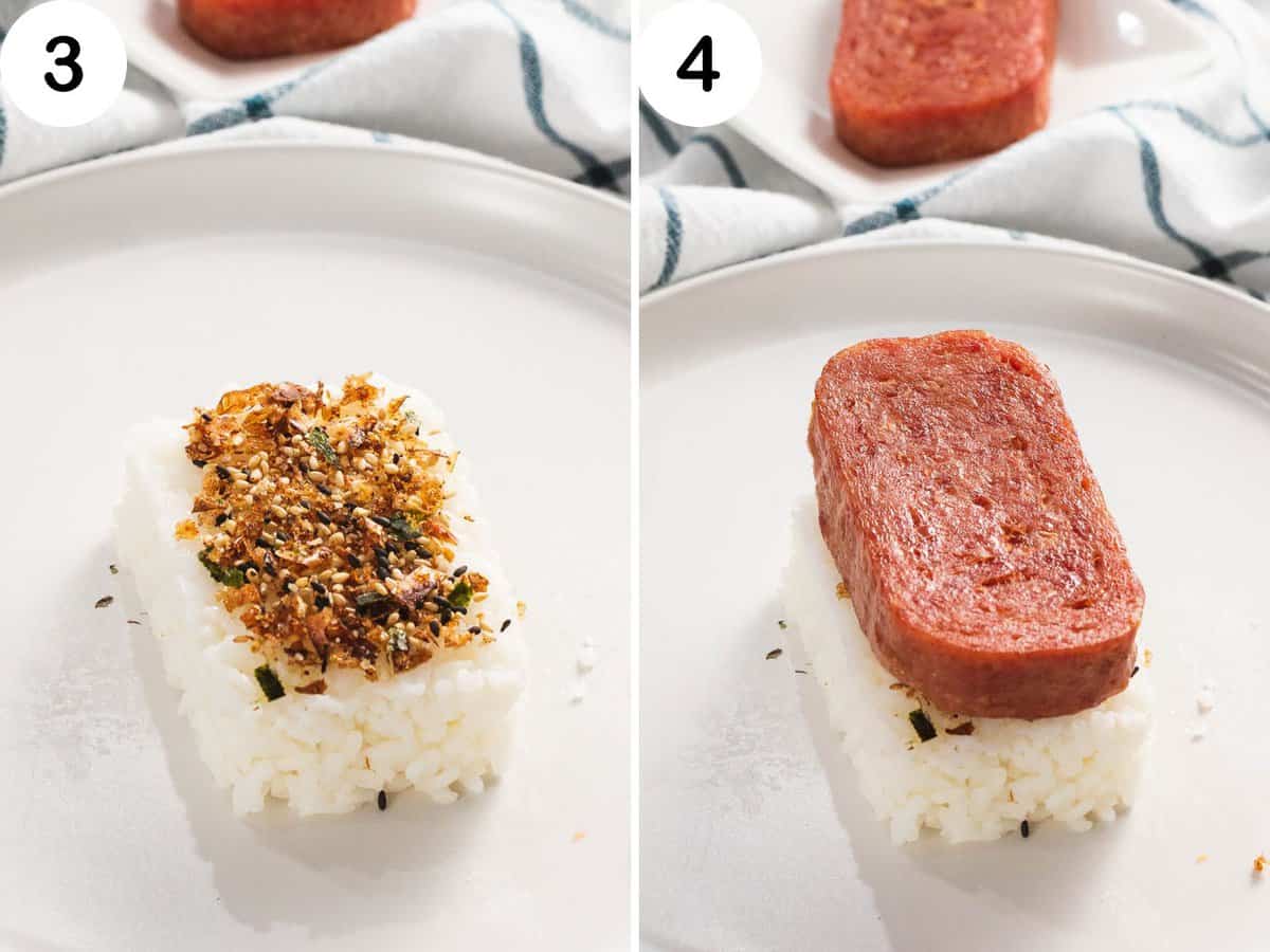 Rice topped with furikake and a slice of spam.