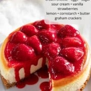 Strawberry cheesecake with list of ingredients.