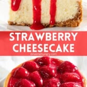 Strawberry cheesecake with text.