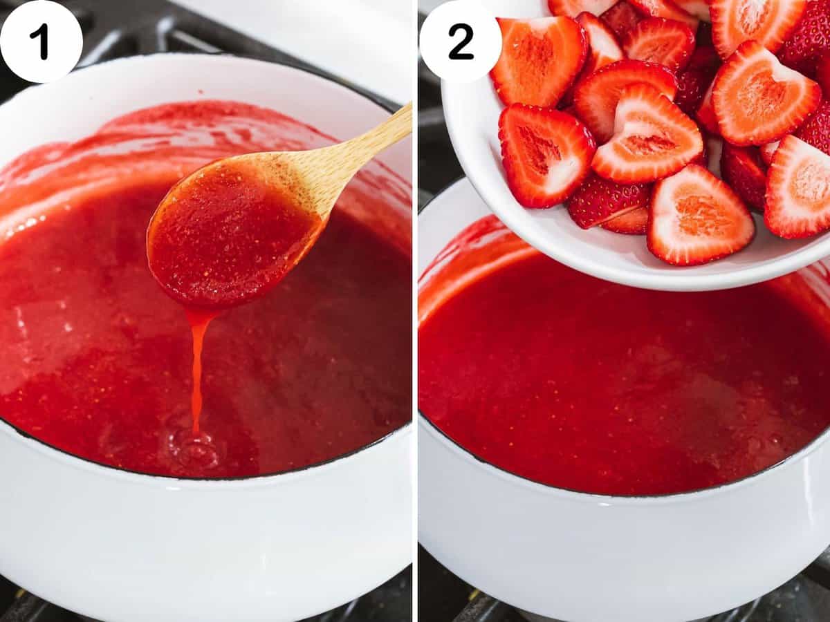 Adding fresh strawberries to strawberry puree for cheesecake topping.