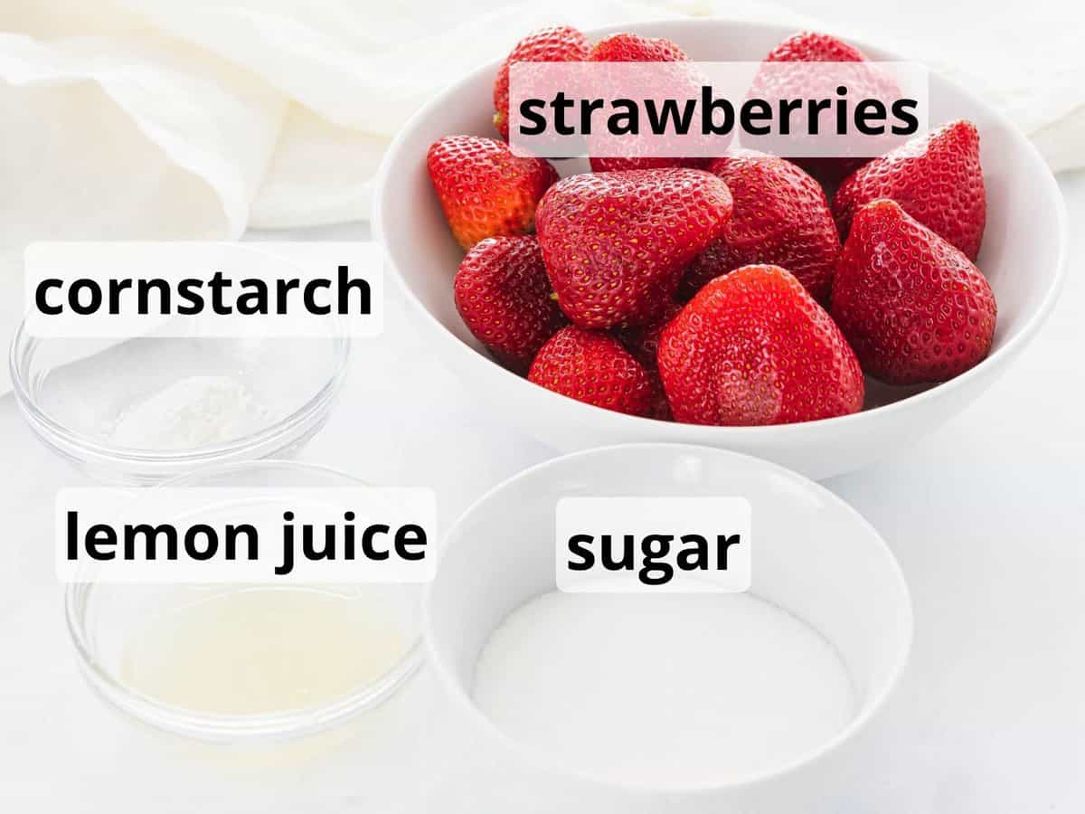 Ingredients for strawberry topping with text.