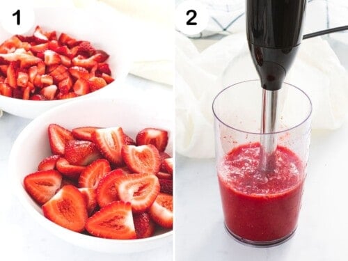 Strawberries cut into small pieces and blended with an immersion blender.