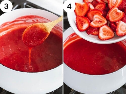 Strawberry halves added to cooked strawberry puree.
