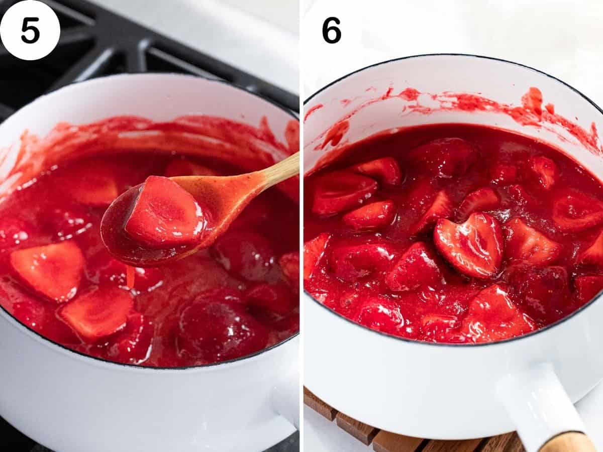 Strawberry pieces added to strawberry puree and cooked in a pot.