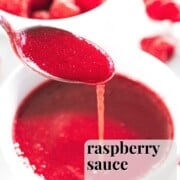 Raspberry sauce with text overlay.