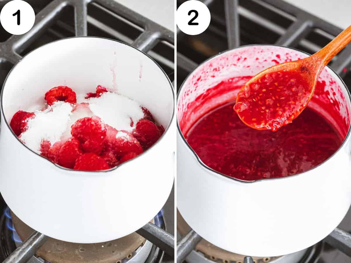 Raspberries cooked with sugar and lemon juice in a white pot.