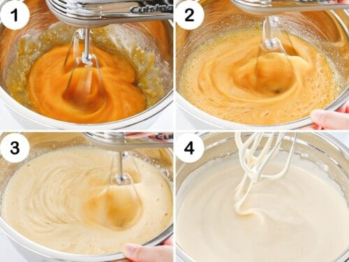 Stages of whipped eggs until light and fluffy.