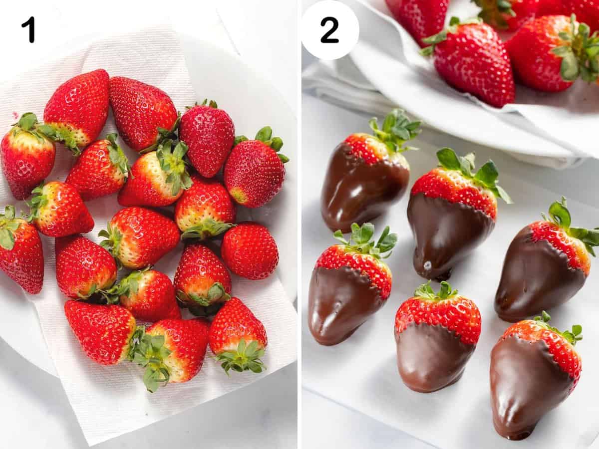 Strawberries dried well and then dipped in melted dark chocolate.