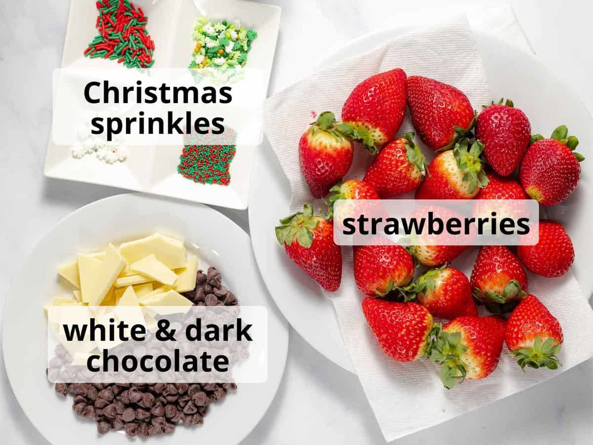 Ingredients for Christmas chocolate dipped strawberries.