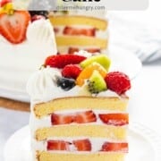 A slice of fresh fruit cake with text overlay.
