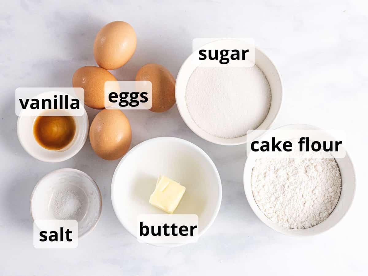 Ingredients to make genoise cake.