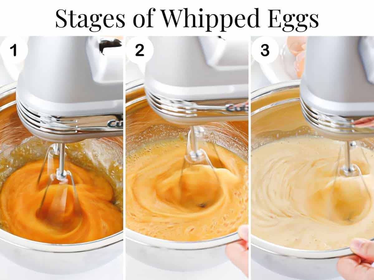 Stages of whipped eggs for genoise sponge.