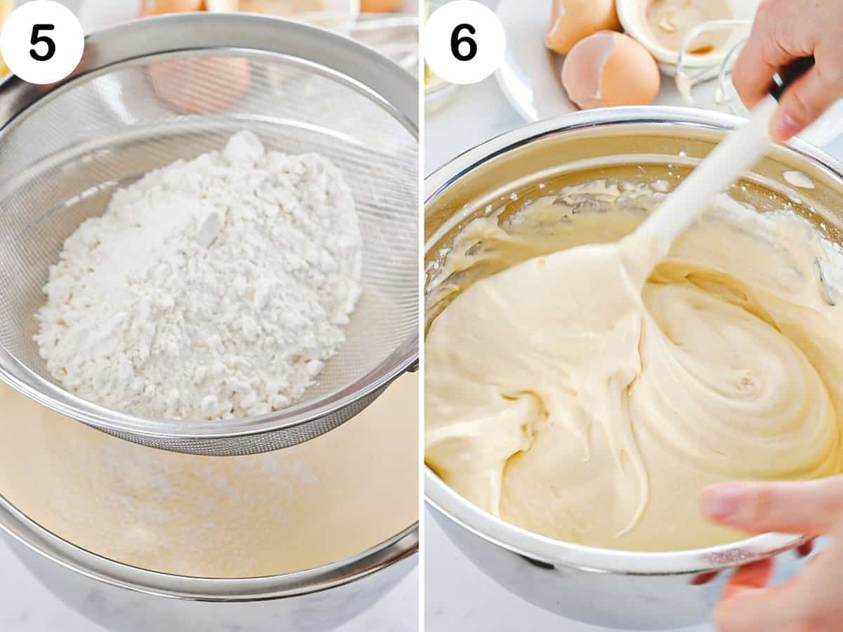 Cake flour sifted into sponge cake batter and gently folded in.
