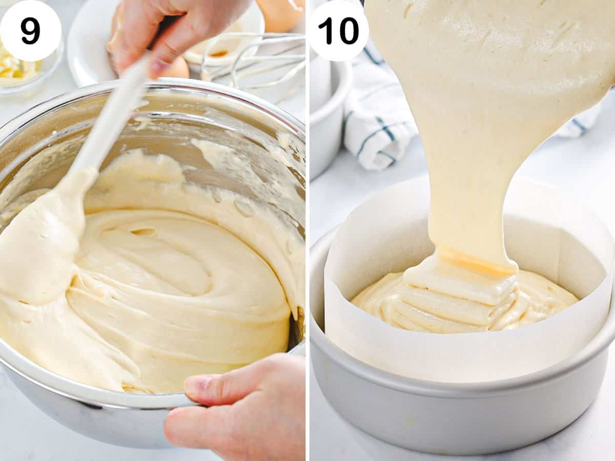 Fluffy genoise cake batter poured into a cake pan lined with parchment paper.