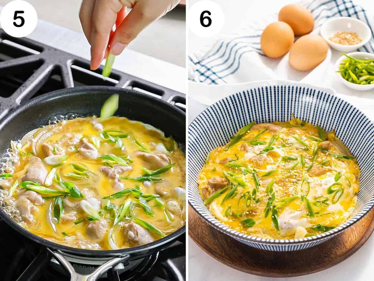 Sliced green onions added to oyakodon and served over a bowl of rice.