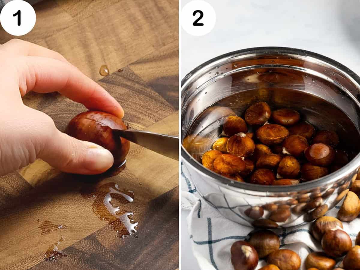 Chestnuts soaking in water then being scored with a knife.