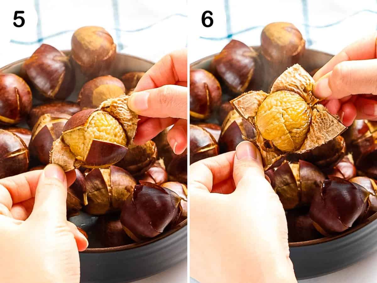 Steps to peel chestnuts reveal soft, inner nut.