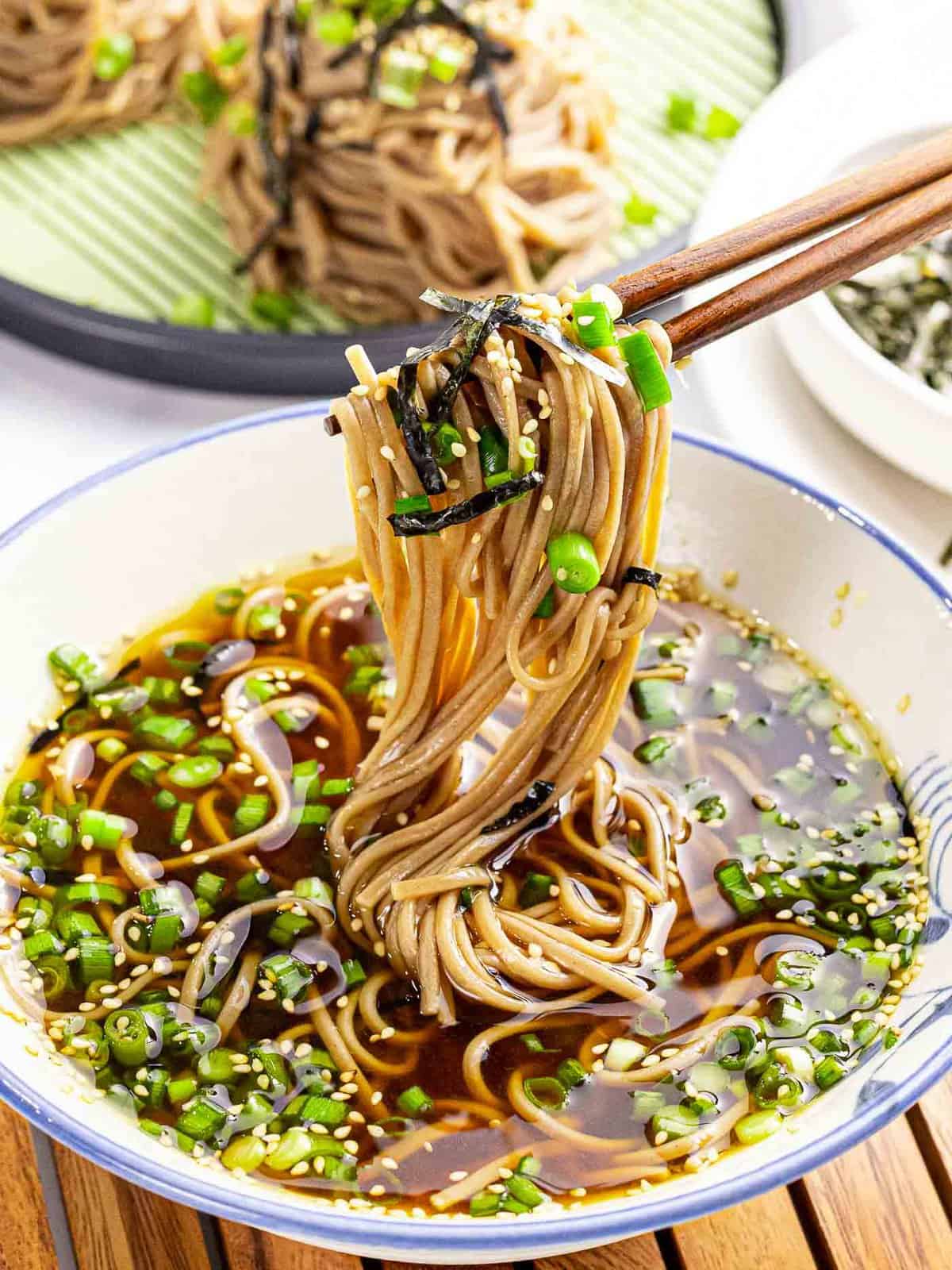 Zaru soba or cold soba noodles with tsuyu dipping sauce.
