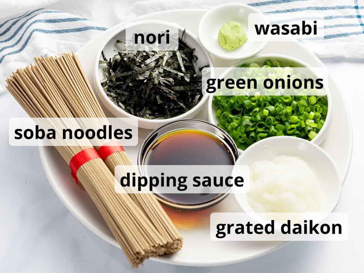 Ingredients for zaru soba or cold soba noodles.