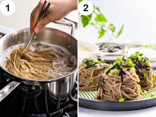 Soba noodles or buckwheat noodles boiled then portioned into individual servings and topped with garnish.