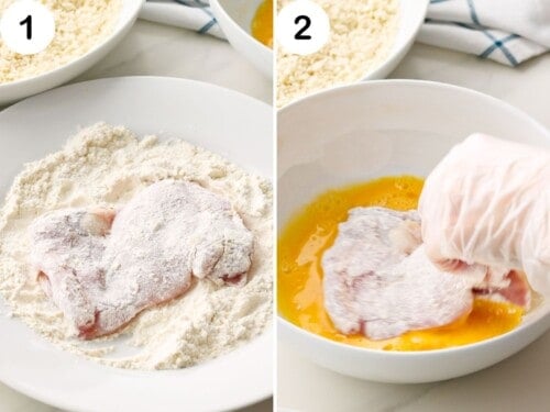 Chicken dredged with flour and eggs.