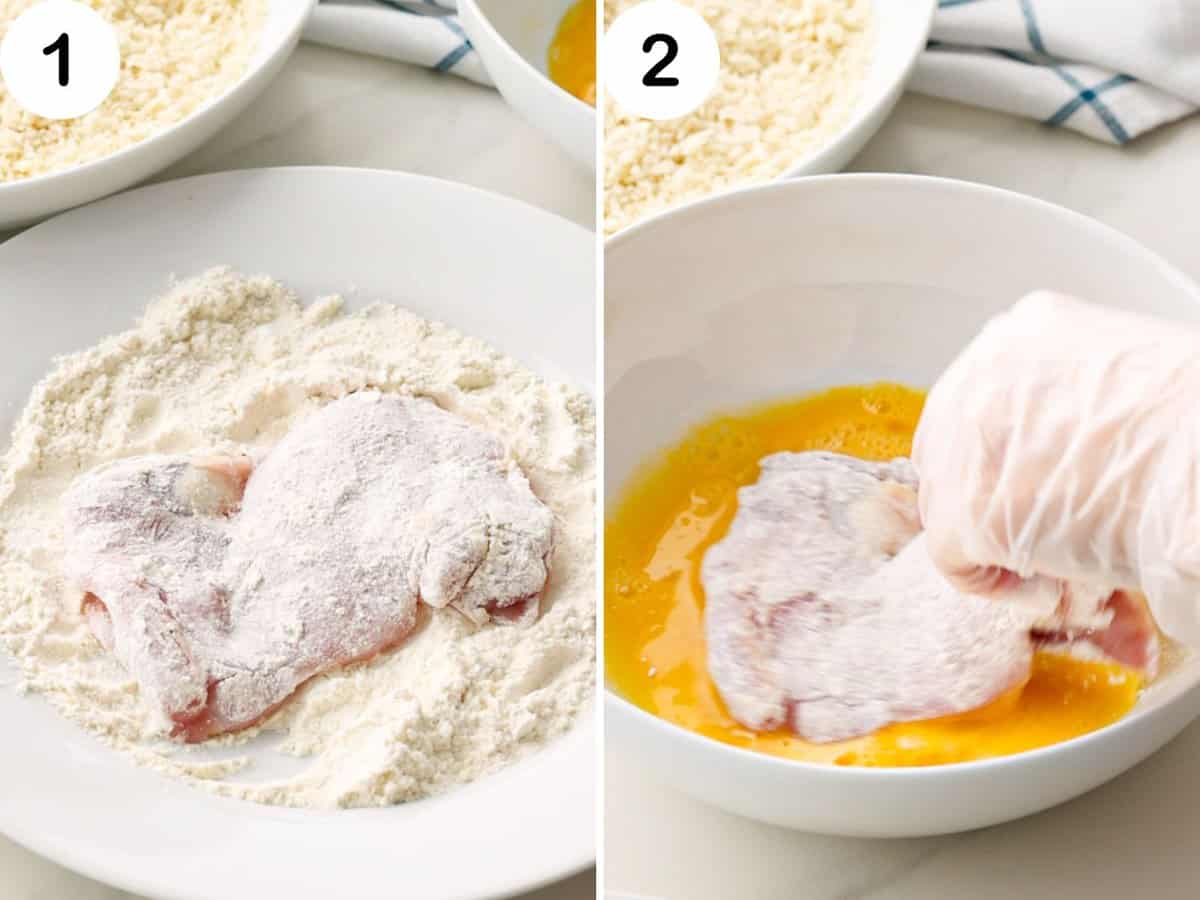Chicken coated with flour and beaten eggs.