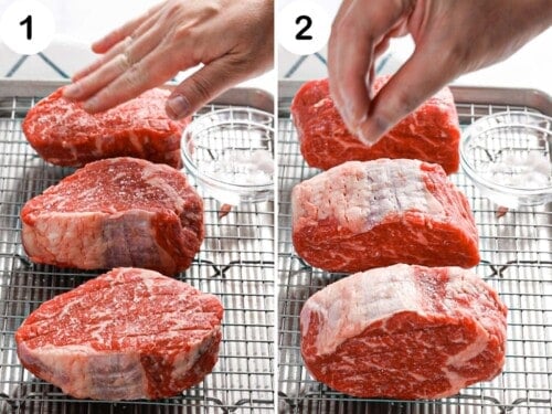 Sea salt applied to the front, back, and sides of ribeye steaks.