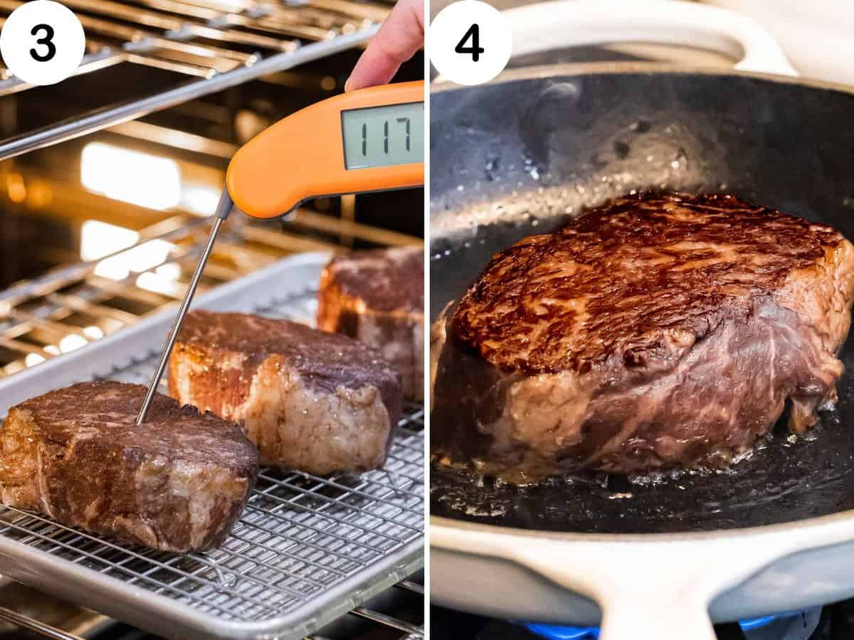 Steaks baked at low temperature in the oven and then reverse seared to get a brown, crispy crust.