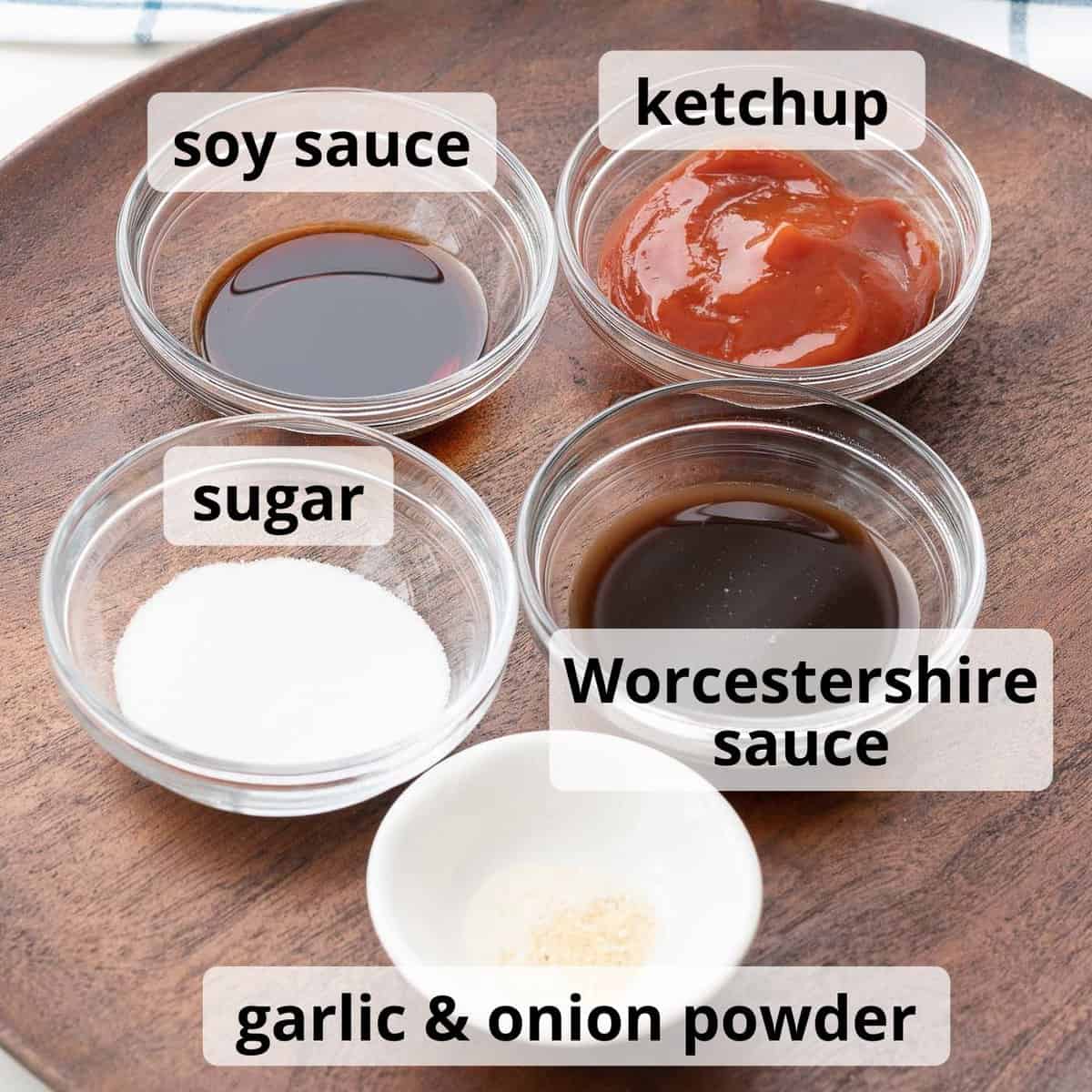 Ingredients for katsu sauce with text labels.