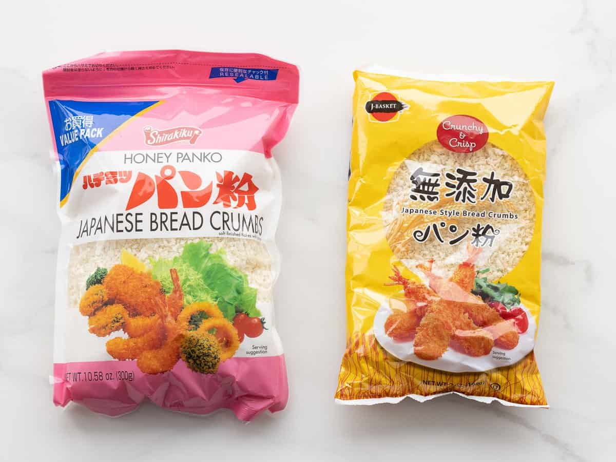 Two bags of panko bread crumbs, also called Japanese bread crumbs.