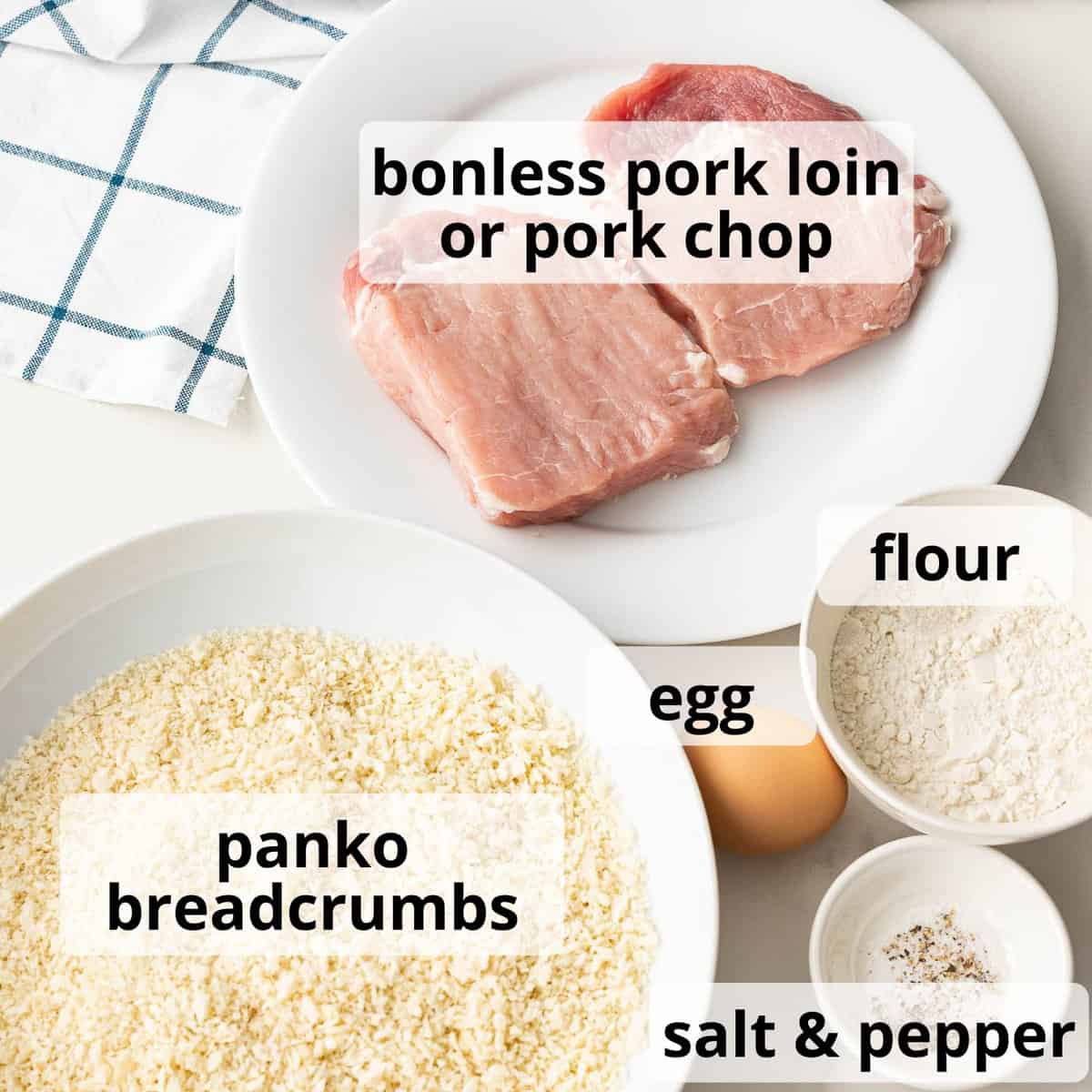 Ingredients for tonkatsu including boneless pork loin and panko breadcrumbs.