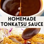 Homemade tonkatsu sauce pouring from a spoon.