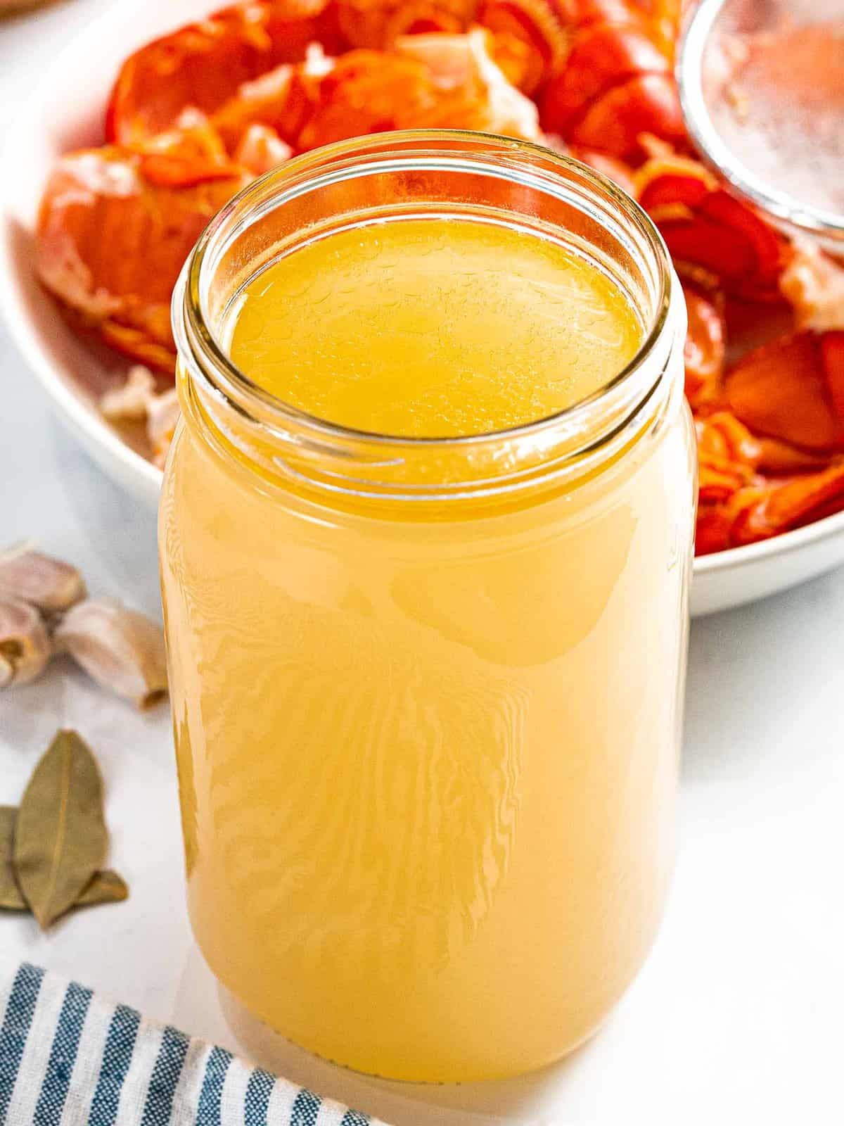 Lobster stock made with lobster shells.