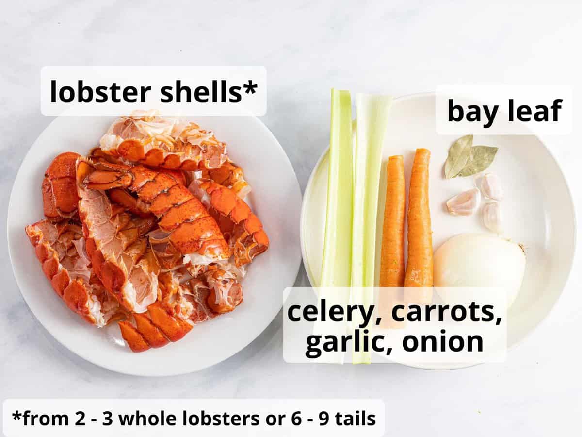 Ingredients for lobster stock including lobster shells, celery, carrots, and onion.