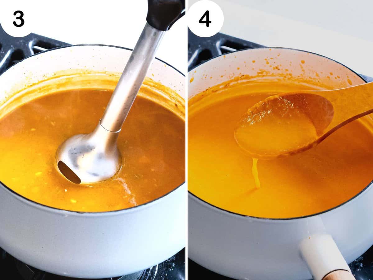 Immersion blender pureeing vegetables in lobster bisque for a smooth and creamy texture.