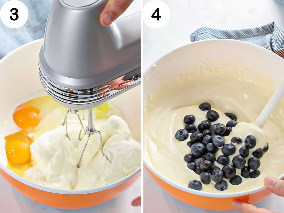 Cream cheese beaten in a bowl until smooth with blueberries mixed in.