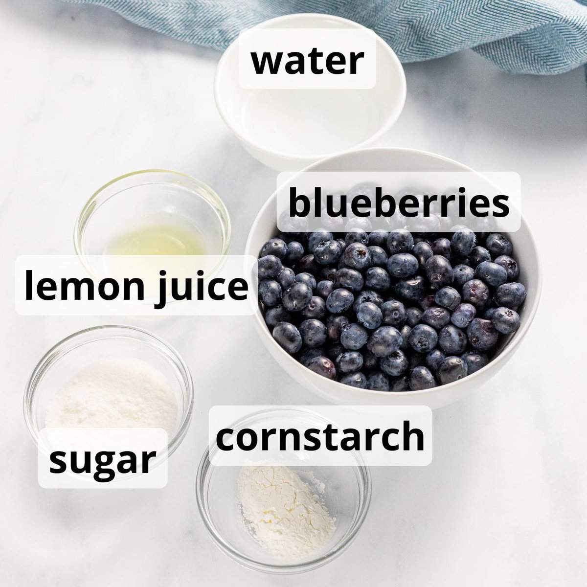 Ingredients for blueberry compote including fresh blueberries, sugar, and lemon juice.