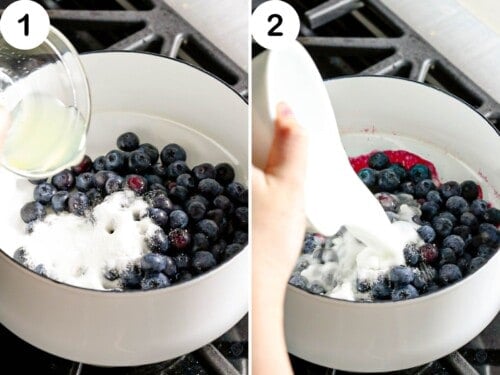 Blueberries are cooked in a pot with sugar, lemon juice, and cornstarch to make a blueberry compote.